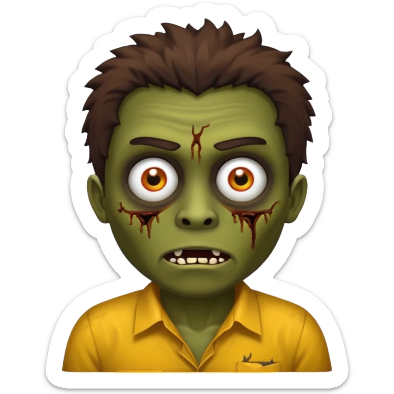 Um garoto zombie de cabelo castanho escuro, com o cabelo chegando no pescoço, com olhos castanhos esverdeados, de camisa branca sticker