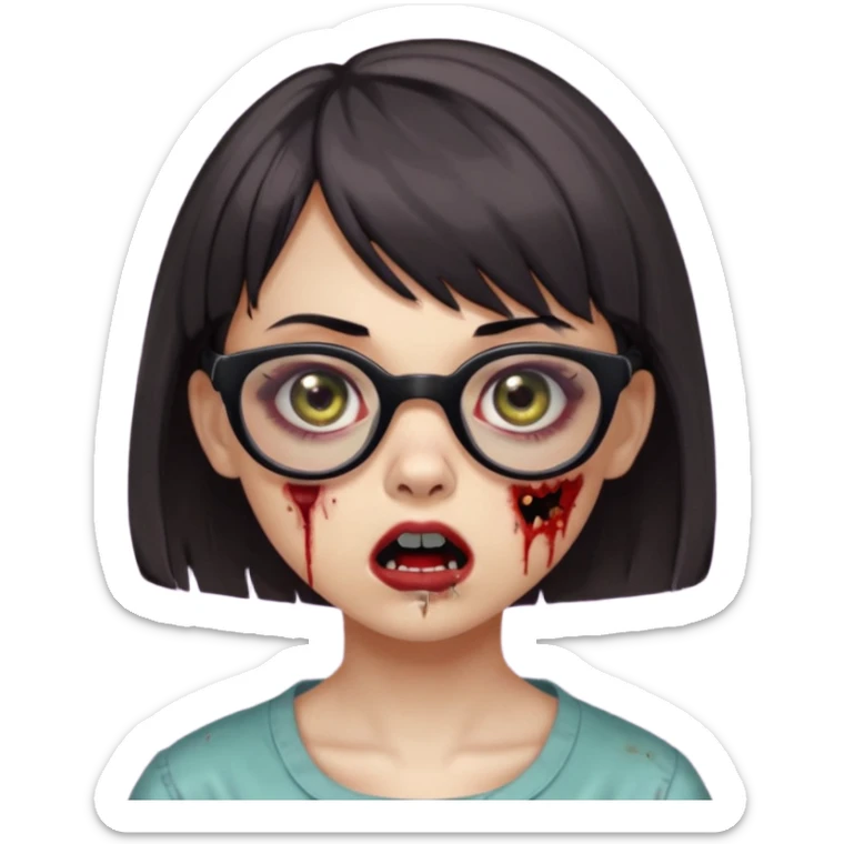 faça uma menina zumbi,com o cabelo curto,até o pescoço,franja,óculos pretos médios,olhos escuros,boca meio aberta e alguns machucados pelo rosto sticker