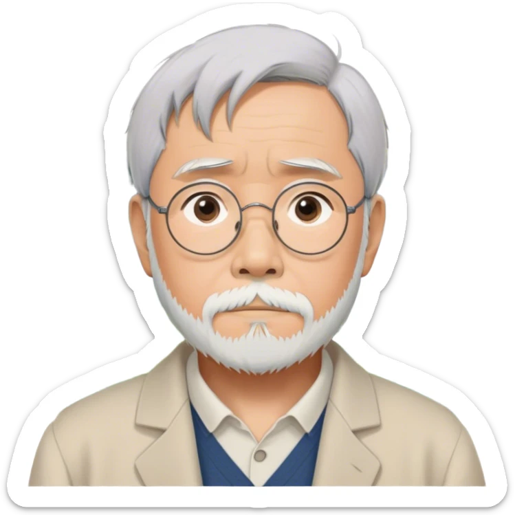 Hayao Miyazaki (filmmaker) – Cinematic Realistic Portrait of Hayao Miyazaki, portrayed with gentle, wise eyes and a thoughtful expression, set against a backdrop of whimsical sketches and animated landscapes reminiscent of Studio Ghibli, rendered with soft natural lighting and rich, detailed textures that evoke creative magic. sticker