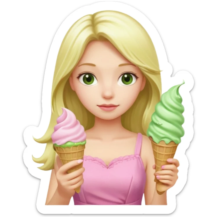 girl blonde long hair in pink dress,  holding matcha ice cream sticker