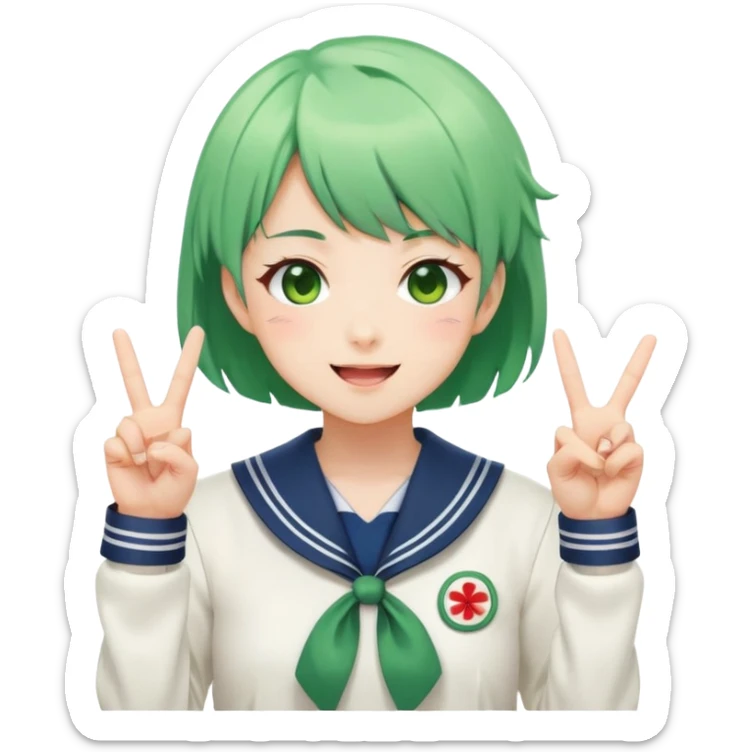 Energetic anime girl with short green hair wearing Japanese sailor style school uniform, winking and making double peace signs, very cheerful and bubbly, kawaii style sticker
