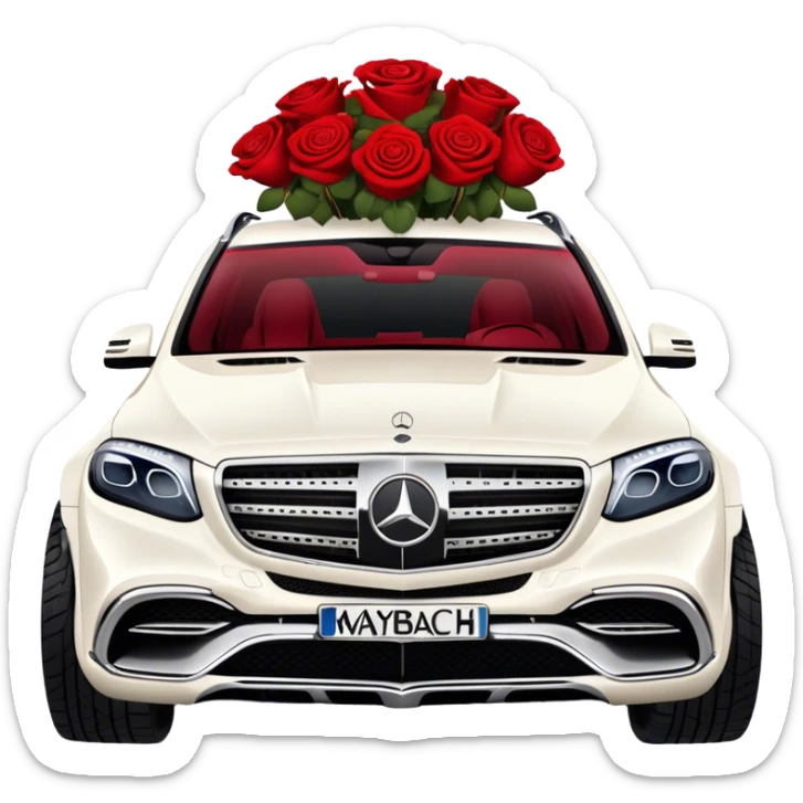 Side angle of White Mercedes Maybach GLS 600 with red roses on the front hood sticker