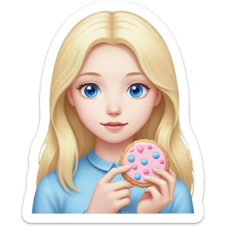 Blonde girl with pale skin and blue eyes and long hair with a light pink cookie sticker