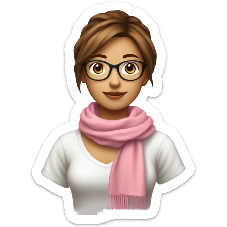 Girl drink coffee in white cup with brown hair and glasses white t shirt and scarf pink sticker