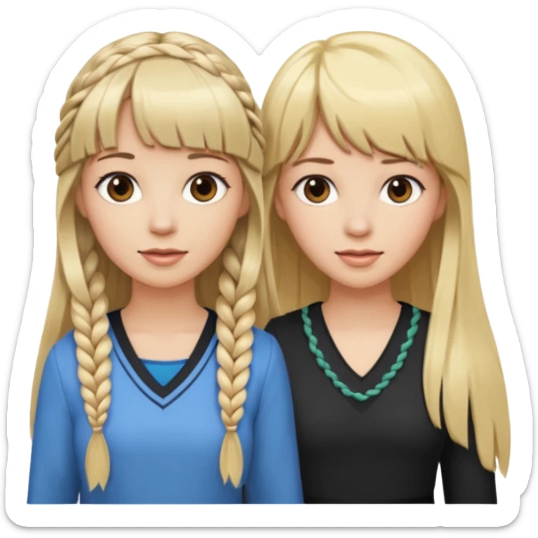 Woman very long flowing blonde hair With BANGS standing next to woman DARK BROWN HAIR with BANGS ONE BRAID on one side.   sticker