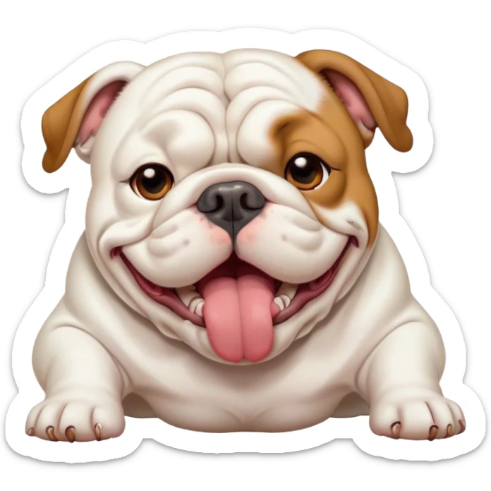 Cinematic Cute Yawning White English Bulldog Portrait Emoji, Head tilted slightly with a dramatic, wide-open yawn, showcasing a smooth, pristine white coat, floppy ears slightly drooping, round brown eyes barely open in drowsy contentment, Simplified yet irresistibly adorable features, highly detailed, glowing with a soft, cozy glow, high shine, relaxed yet expressive, stylized with a touch of whimsy, bright and endearing, soft glowing outline, capturing the essence of a sleepy yet affectionate guardian, so drowsy it feels like it could stretch out of the screen and curl up for a nap! sticker