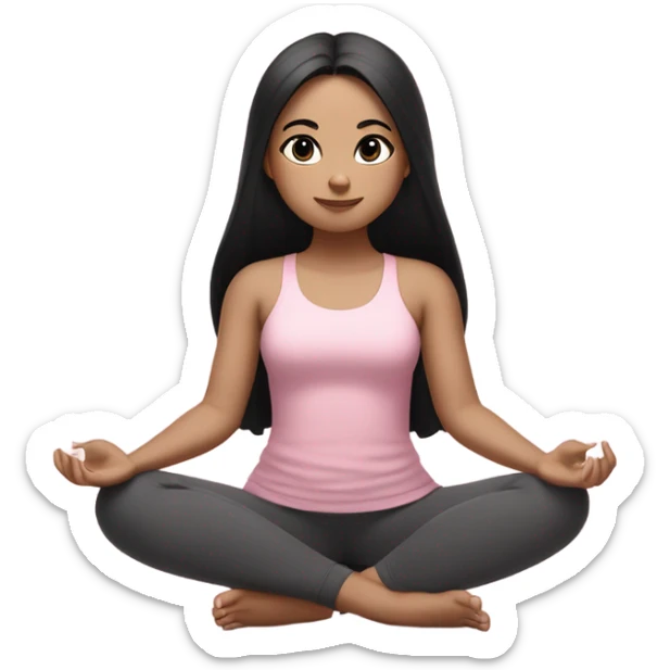 a girl with black long hair and short pink skirt, white skin land brown eyes, meditates in a relaxed lotus position in a comfortable monochrome pink top and monochrome pink leggings sticker