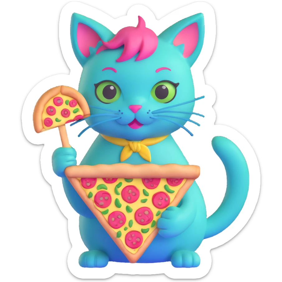 green cat with pink hair and blue ears holding a pizza sticker