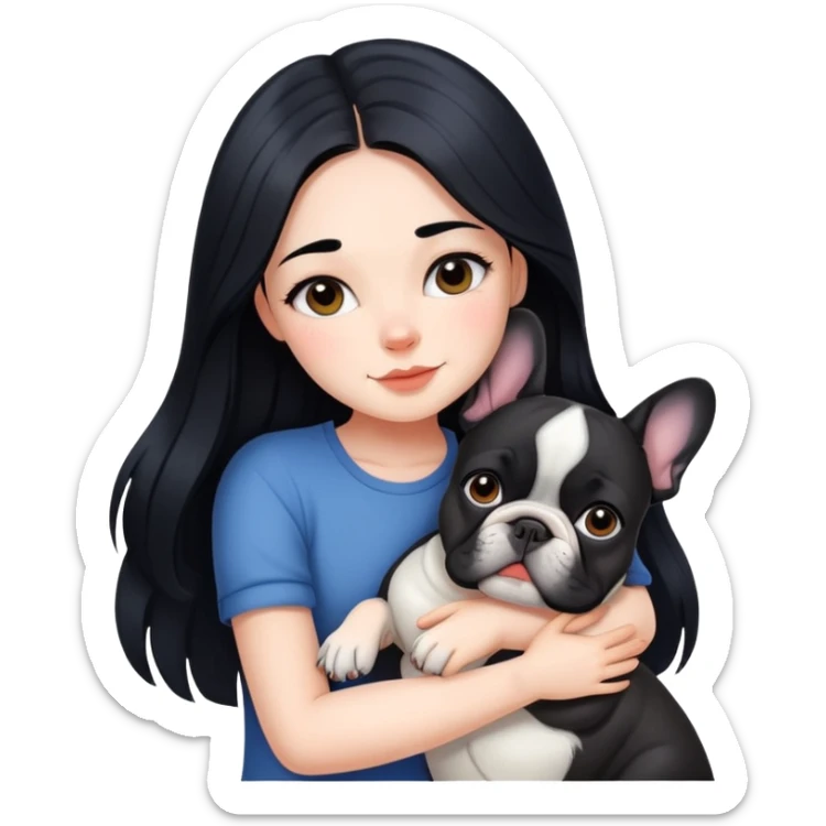 beautiful girl with long black hair hugs a French bulldog sticker