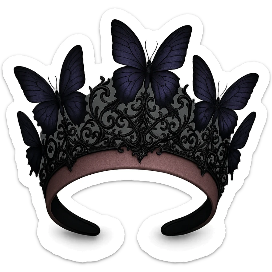 elegant butterfly crown with matte pink base, purple butterflies, gothic filigree, mysterious vibe, transparent background sticker