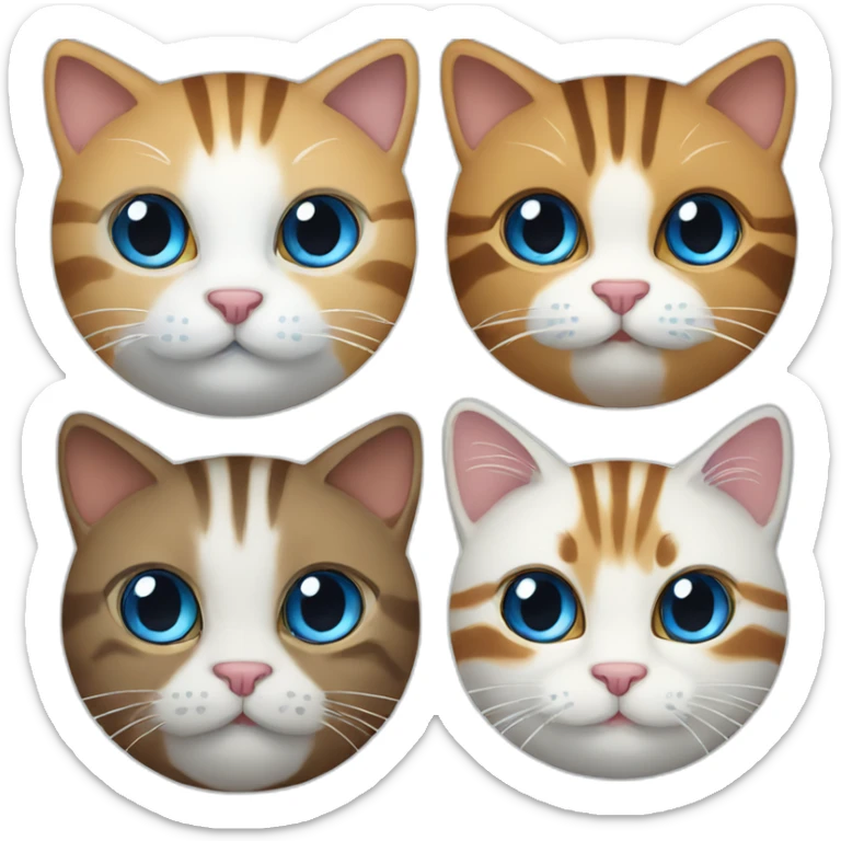 An emoji with a brown striped cat and a white blue-eyed cat sticker