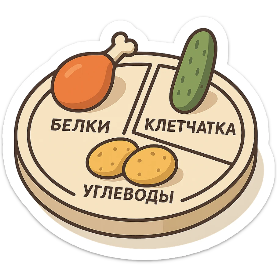 Гарвардская тарелка с тремя секциями, 2d-isometric стиль, с тенями и бликами, контурное изображение курицы (белки), огурца (клетчатка), картофеля (углеводы), каждый раздел подписан по-русски: белки, углеводы, клетчатка, без руки, чистый фон sticker
