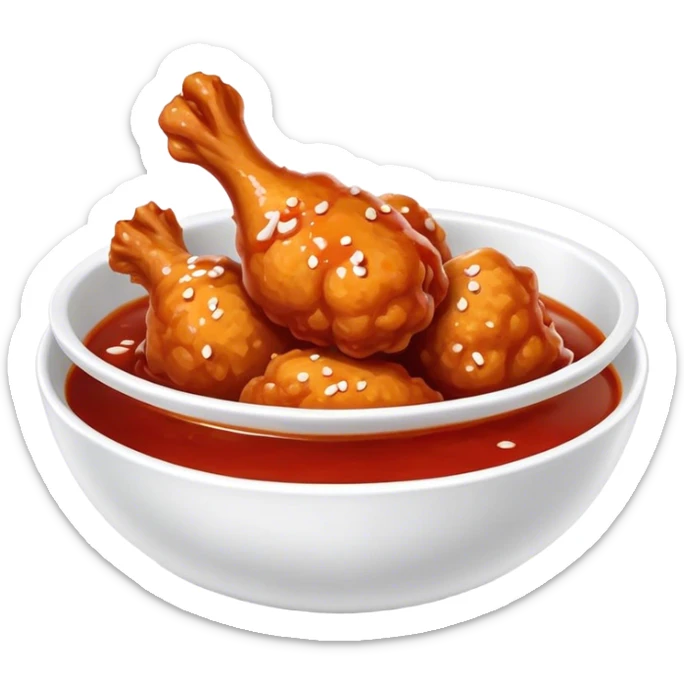 Korean Fried Chicken Cinematic Realistic Korean Fried Chicken Dish Emoji, depicted as bite-sized chicken chunks generously coated in a glossy, spicy sauce, in a bowl. sticker
