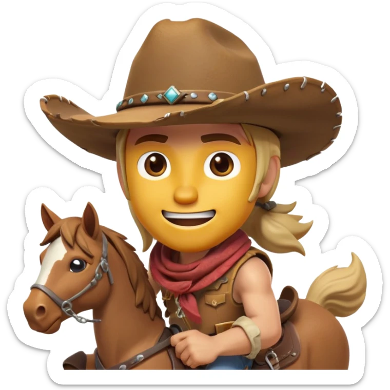 clash-of-clans-aesthetic_-cinematic-playful-cowboy-portrait-emoji, head-tilted with a roguish, cheeky grin and twinkling eyes, featuring a rugged, spirited build with a wide-brimmed cowboy hat and a weathered bandana on tan skin, riding a powerful galloping horse with dynamic flowing mane, reins gripped firmly in one hand and a lasso in the other, as dust swirls behind them in a vast desert landscape. sticker