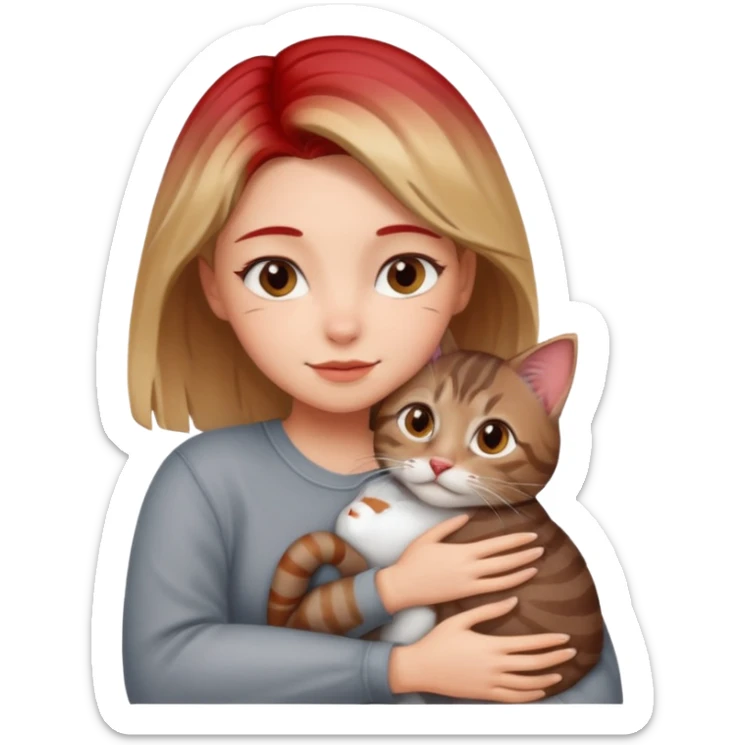 Une femme avec les cheveux dégradée, châtain et blond, qui fait un câlin à son chat gris, tigré avec des reflets roux sticker