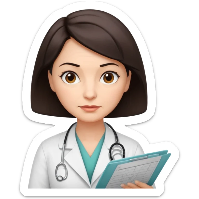 A female doctor in her 50s with visible facial wrinkles, dark brown short bob hair, looking down at and focusing on a medical chart. sticker