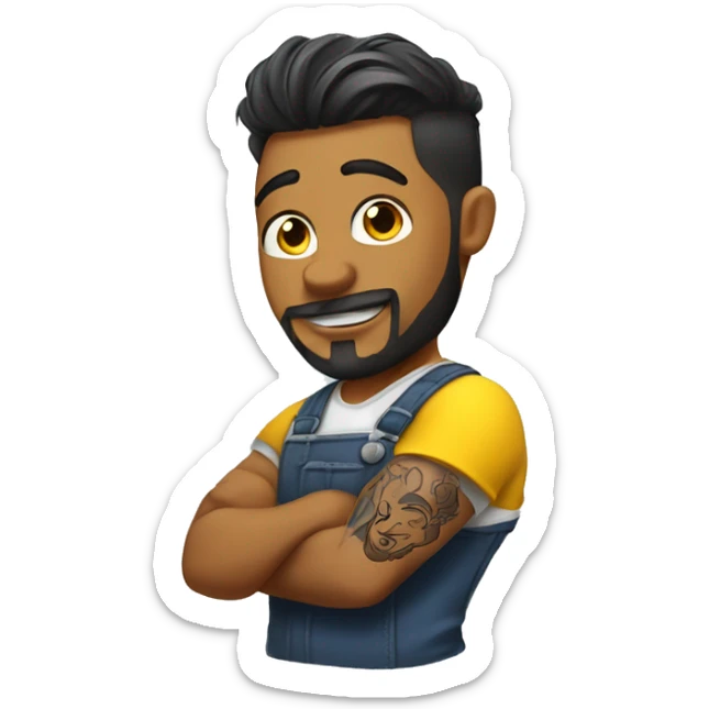 Barber with messy back hair, left arm and left hand tattoo, cutting hair with a yellow cape  sticker