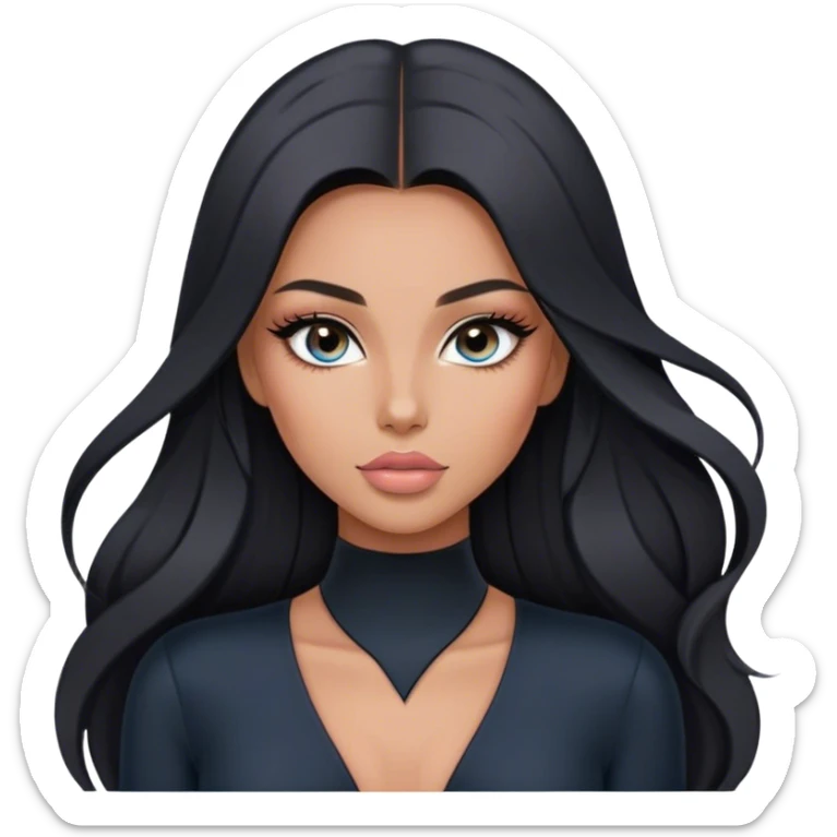 Glamours, tanned, very beautiful girl, with big pump peach-beige-rose lips, long long lashes, black straight smooth silky long hair, straight parting hair, blue-grey eyes in black long-sleeves v-neck bodysuit sticker