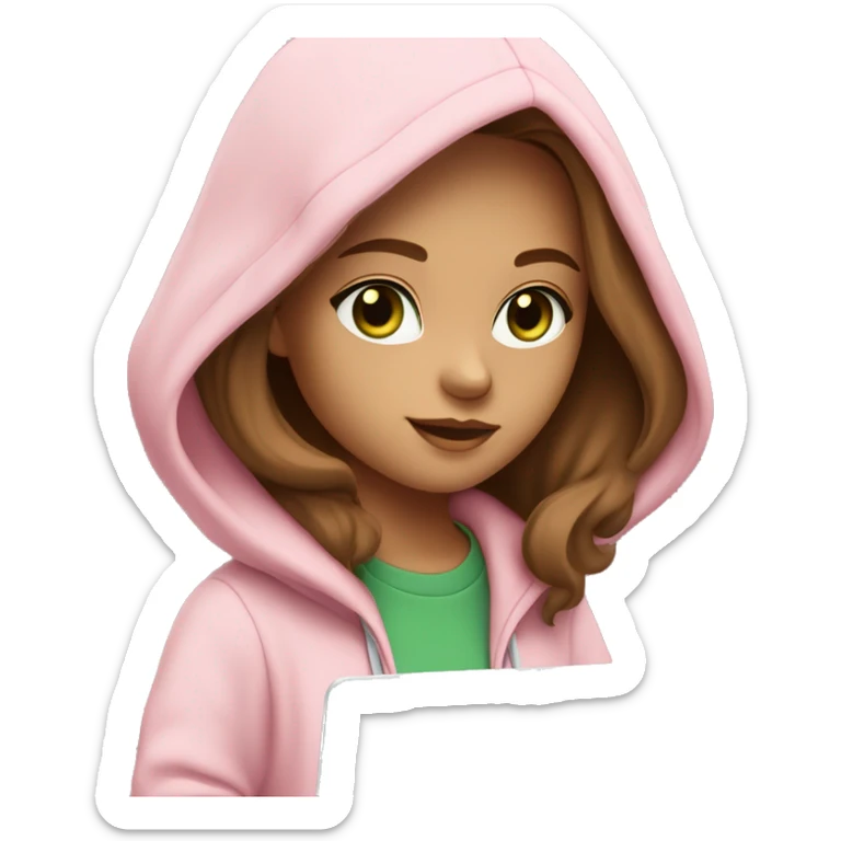 a girl with brown long hair, light beige skin, green eyes, is working relaxed at a modern laptop in a monochrome pale pink zip hoodie with a hood and a pink monochrome T-shirt sticker