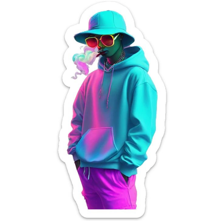 Multicoloured neon Vaporwave person smoking wearing hoodie dancing hip hop bucket hat tropical Skater fashion aesthetic baggy clothes graphic t shirt 420 sticker