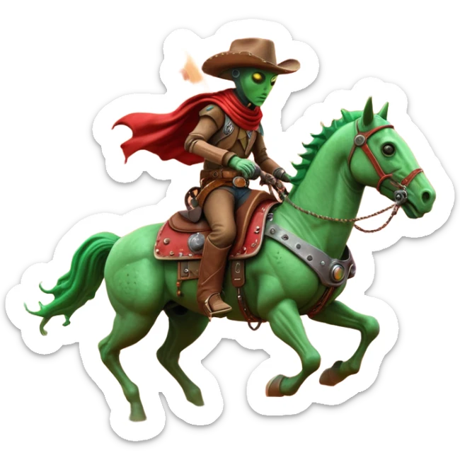 An alien cowboy riding a mechanical horse across a red Martian desert, two moons in the sky, dust storm swirling, wide cinematic shot, dramatic composition, hyper detailed, sci-fi western fusion sticker