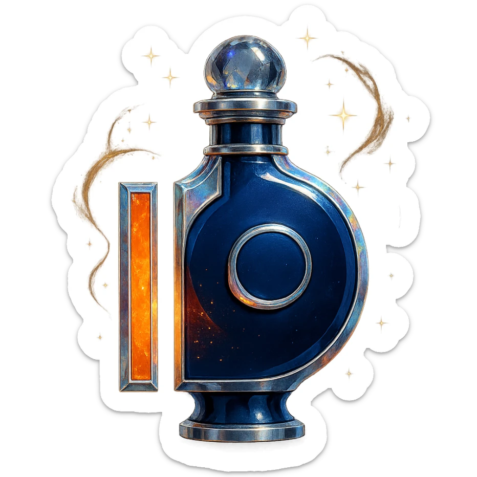 prabangus eliksyro buteliukas, įkvėptas Patreon logotipo, oranžinė ir tamsiai mėlyna spalvos, sidabrinės ir holografinės detalės, daug magiškų efektų, labai mažas kaklelis, vientisas dugnas, skaidrus fonas, buteliukas plūduriuoja ore, be pagrindo ar šešėlio, modernus, kolekcijai tinkamas sticker