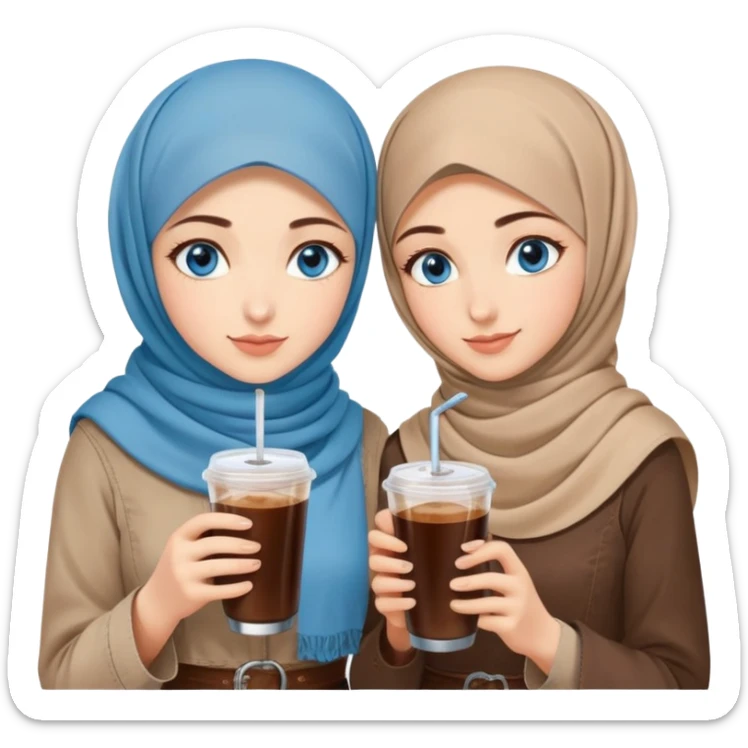 Turkish beautiful finish Konya two girls blue eyes with beige denim hijab islamic dress and had on her hand Rose Cold brew coffee   sticker