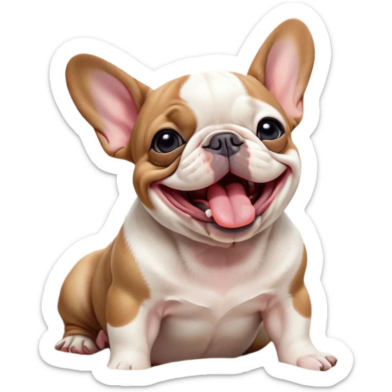 Cinematic Cute Yawning Pied French Bulldog Portrait Emoji, Head tilted with an exaggerated, endearing yawn and sleepy, squinty eyes, showcasing a unique pied fur of contrasting colors with a playful expression, simplified yet irresistibly adorable, highly detailed, glowing with a soft, cozy radiance, high shine, exuding a relaxed, humorous charm, styled with a gentle, soft glowing outline, capturing the essence of a Pied French Bulldog in a blissfully cute yawn that warms the heart! sticker