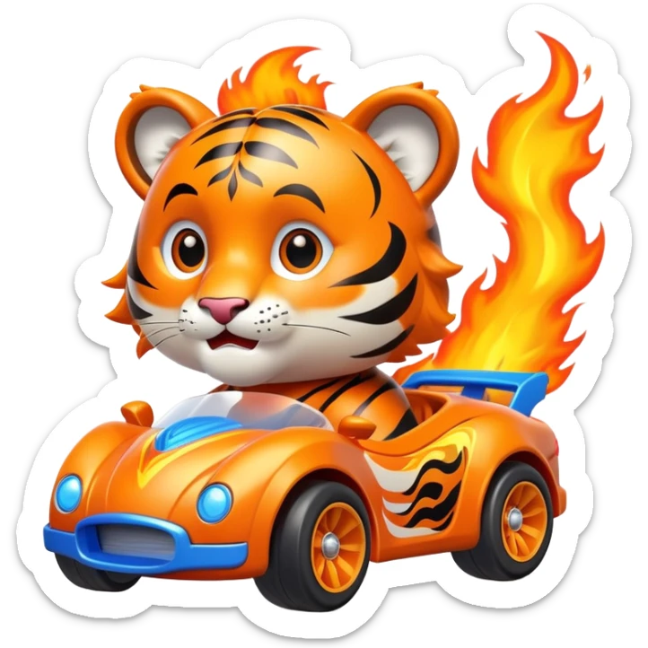 cute tiger in toy hot wheel car with THE CAR wheels are on fire sticker