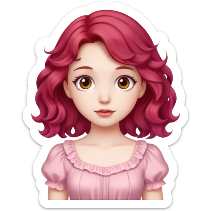 A pale girl with cherry red wavy hair and brown eyes, wearing a pink cute dress. sticker