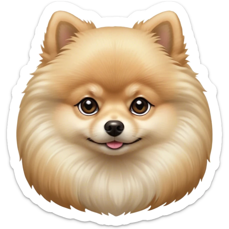 Cinematic Noble Cream Pomeranian Portrait Emoji, Poised and regal, with a compact, fluffy build and a pristine, well-groomed cream Fur, deep-set soulful dark eyes, Simplified yet sharp and sophisticated features, highly detailed, glowing with a soft, dignified glow, high shine, intelligent and spirited, stylized with an air of elegance, focused and attentive, soft glowing outline, capturing the essence of a watchful and confident companion, so majestic it feels as though it could prance out of the screen with effortless authority! sticker