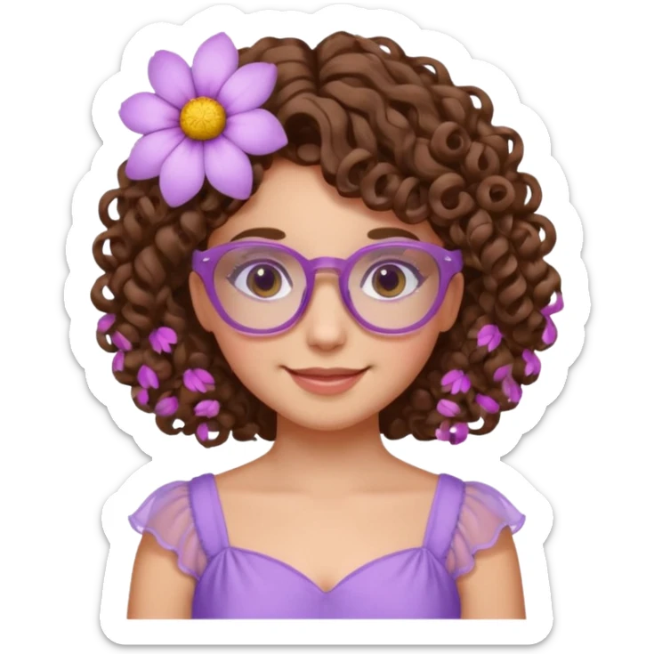 Menina branca de cabelo cachado castanho partido de lado com uma flor no cabelo  e vestido lilás com um óculos rosa claro sticker