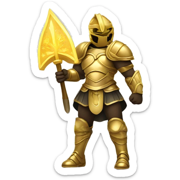 A golden-armored warrior inspired by the zodiac sign Libra, with glowing scales symbolizing justice, in a heroic pose, designed in a vibrant emoji style. sticker