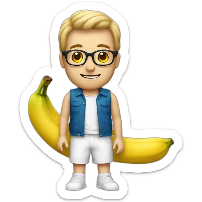 Uomo bianco pelato con occhiali e pizzetto lancia una banana sticker