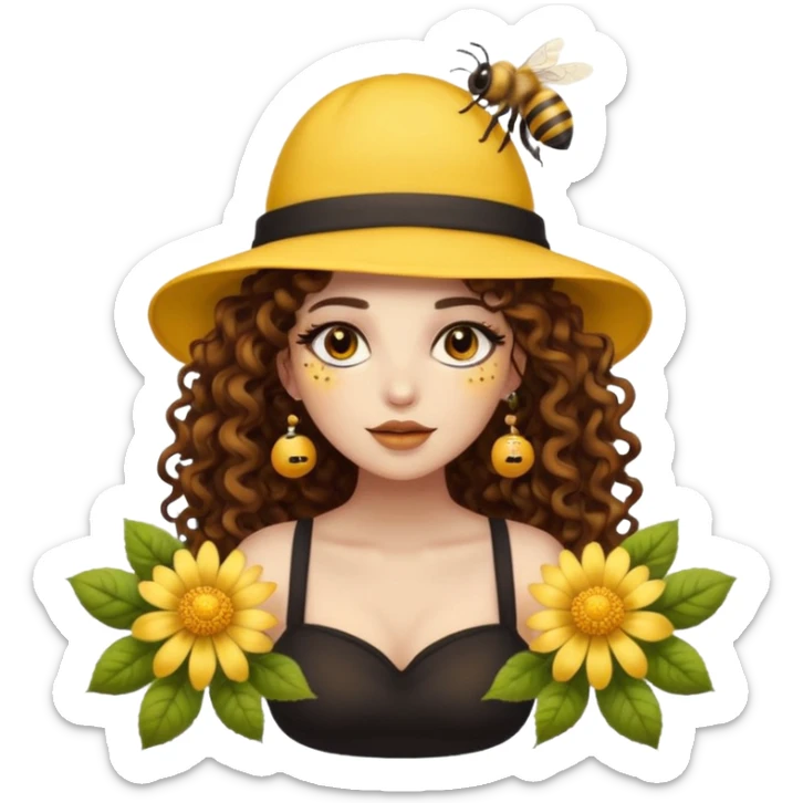 full body woman long curly brown hair brown eyes white skin tattoos wearing bee hat and pollen glow makeup sticker