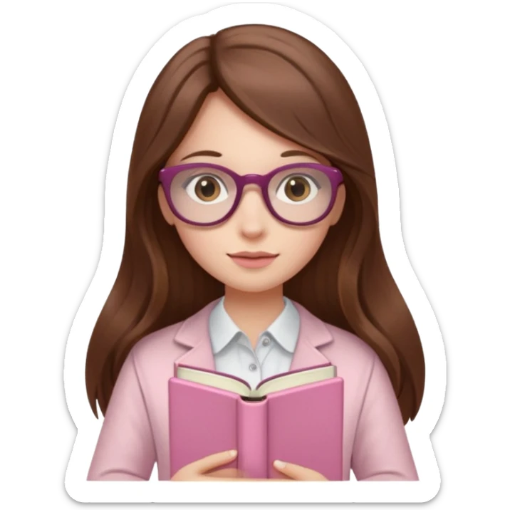 girl with fair skin and long brown hair holding a closed pale pink Book plus Glasers sticker