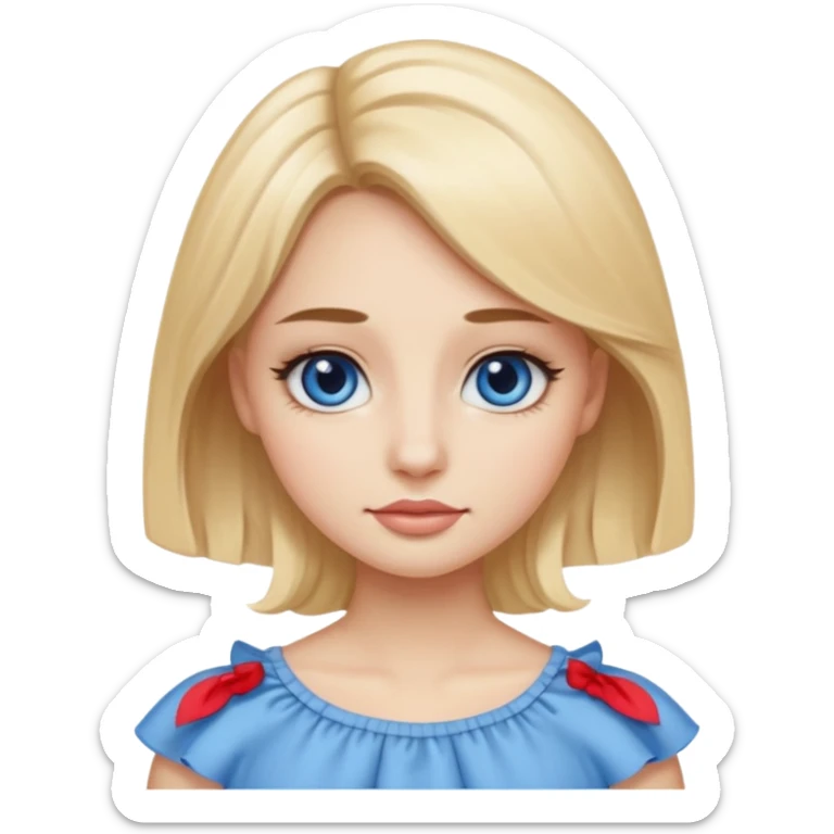Emoji girl with small close-set blue eyes and eyeliner, long and straight eyebrows, long round nose, wide not full lips, long oval face shape, long blonde hair in cute ruffle beige top sticker