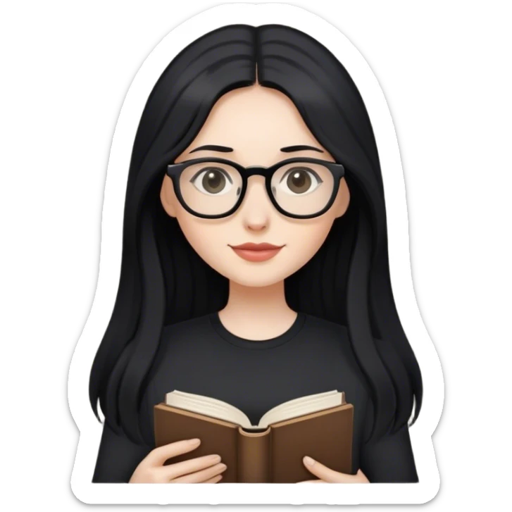 pale woman with long black hair, wearing glasses and black shirt holding a book sticker