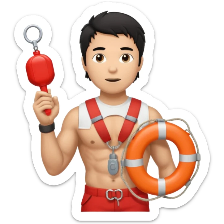 Shirtless Dark Tan Muscular lifeguard with messy black hair with whistle hand, life preserver sticker