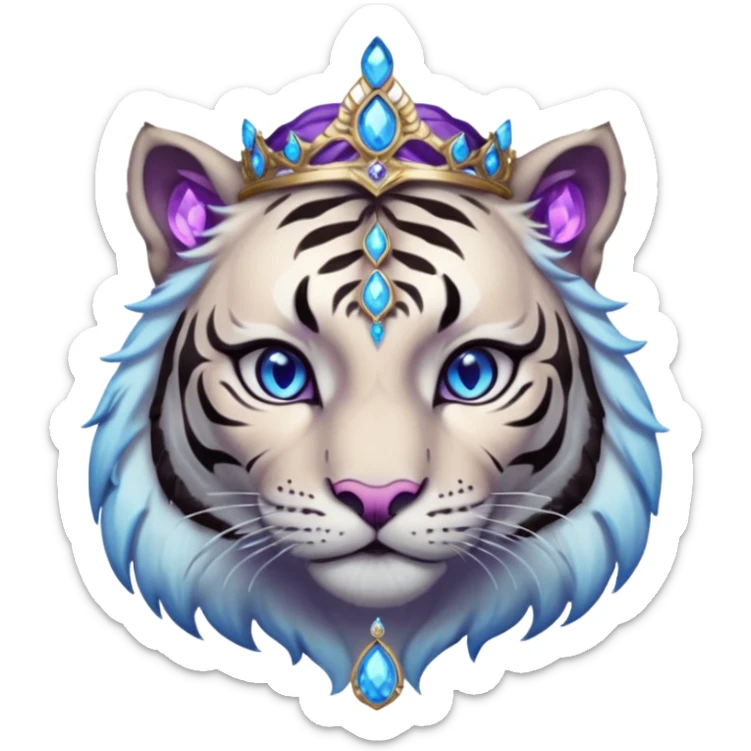 ESO Female white/black tiger khajiit leader of the umbral rose, glowing blue eyes, glowing blue 'third eye' gem; purple gem silver tiara sticker