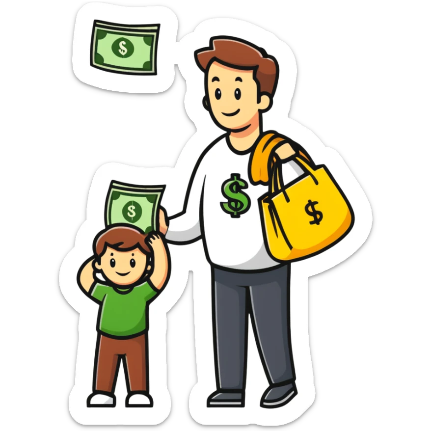 Person carrying money bag supporting a family, financial provider sticker