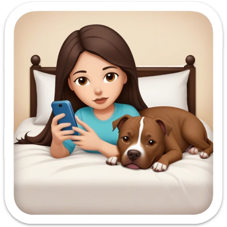 Girl long dark brown hair lays on her bed with her cell phone and her brown pit bull lays guarding her sticker