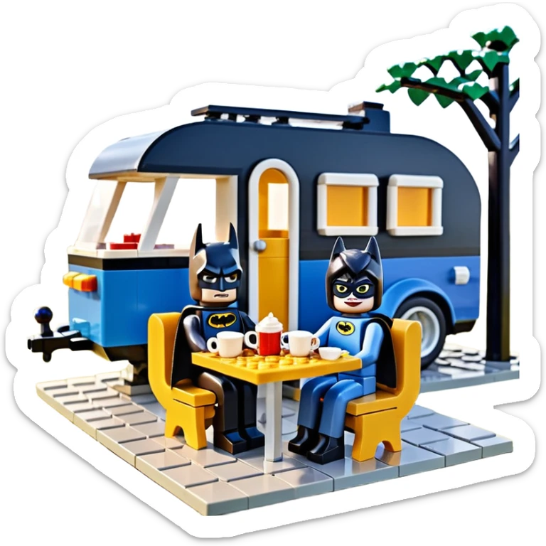  Ultra cute futuristic Lego detailed 1854Batman and pretty Catwoman dream house Caravan with picnic table and folding chairs alone at romantic afternoon (hot chocolate and cheeseburgers on the grill) sticker