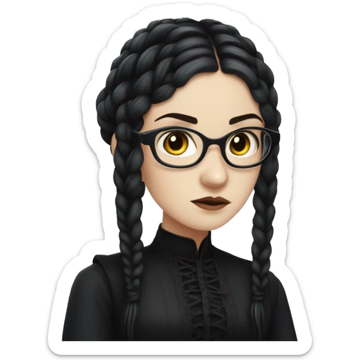 "An emoji of a girl with long black braids, pale skin, and a serious expression, wearing a dark gothic-style dress, with round black-rimmed glasses to add a studious, mysterious look sticker