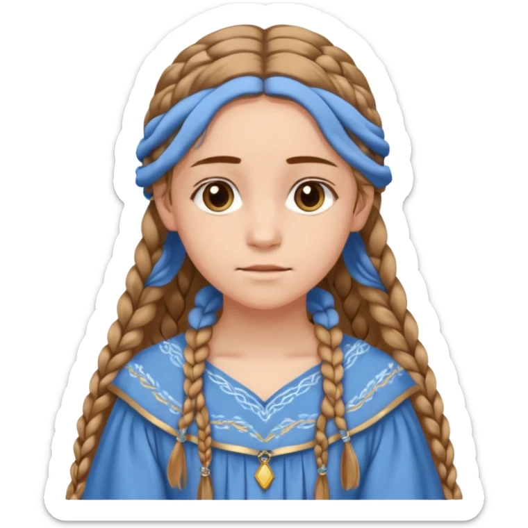 Joven de unos 20 años, de aspecto dulce y elegante.
Piel clara, ojosy expresivos, sonrisa triste.
Rubio o castaño claro, largo, con trenzas o velo.
-Vestido largo de tonos suaves (blanco, azul o lavanda), con bordados dorados; un manto o toca fina cubriendo la cabeza. sticker