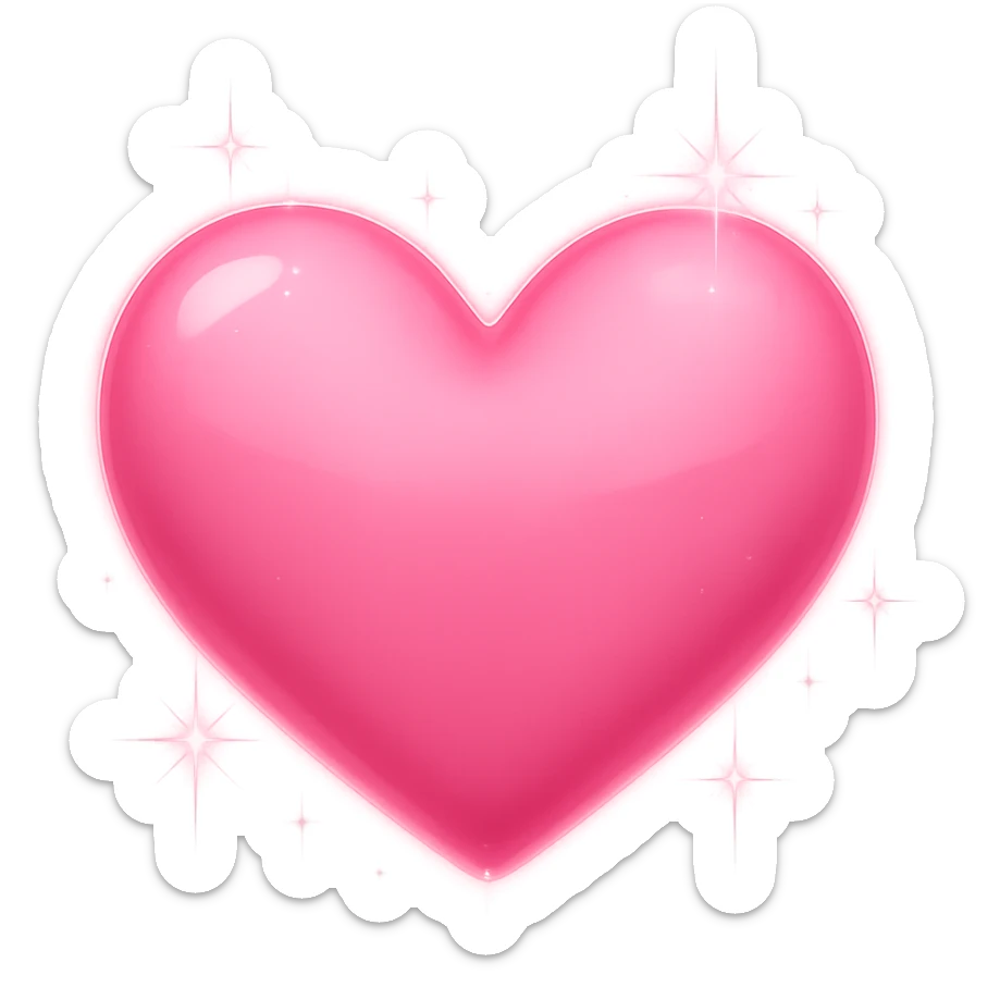 Add bright shine and glow to the pink heart in emoji style with a transparent background, making it look luminous and sparkling. sticker