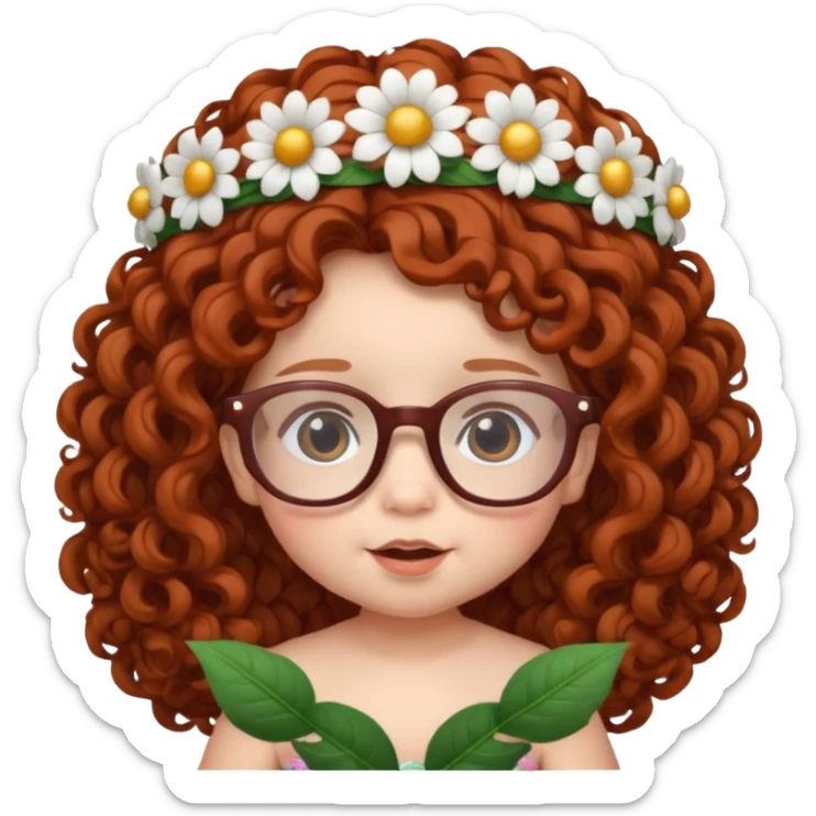 baby with big flower tiara dark ginger long curly hair and glassess sticker