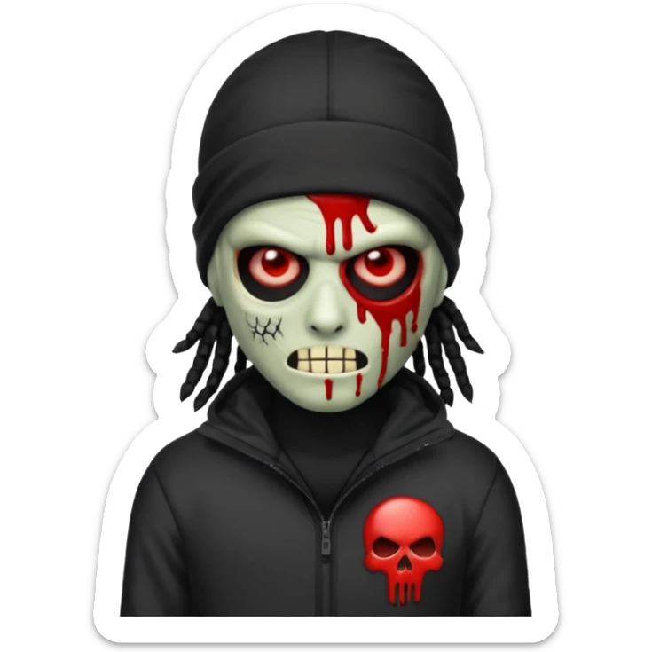 a zombie emoji with black dreads and a black nike jacket and black nike ski mask on his head sticker