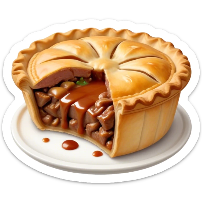 Cinematic Realistic Meat Pie Dish Emoji, showcasing a flaky pastry filled with rich, hearty meat gravy, rendered with lifelike detail and warm, inviting lighting. sticker
