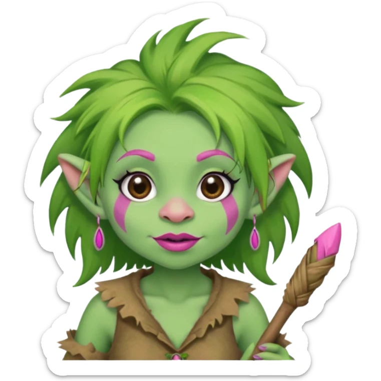 A green troll with green hair and brown and tan raggedy clothes on holding a brown stick with pink lipstick, long eyelashes and pink nails sticker